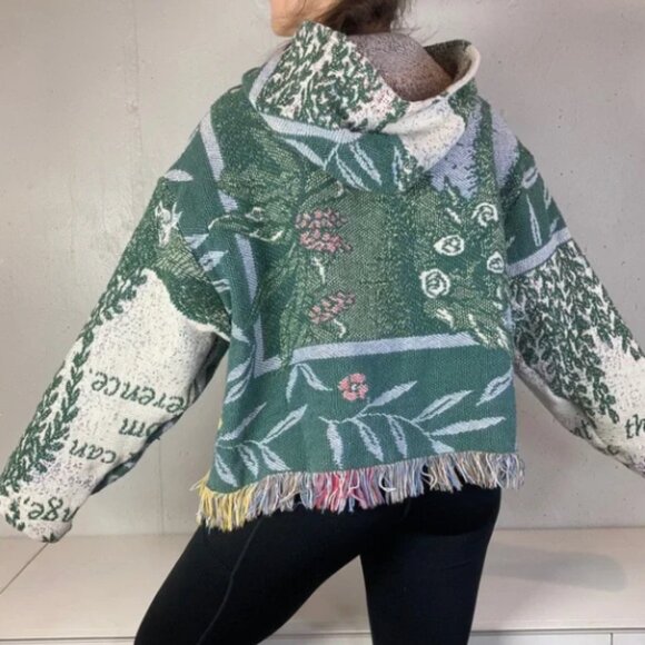 Vintage Rework Green Fringe Cropped Tapestry Blanket Hoodie - Picture 6 of 9